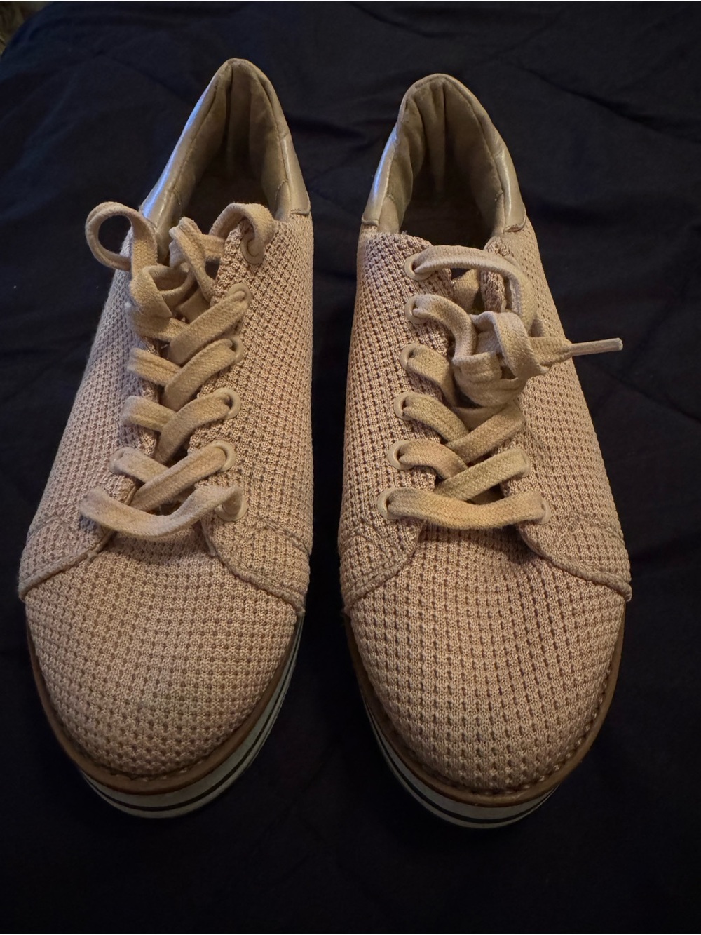 Casual Knit Lace-Up Platform Sneakers - Beige/pinkish